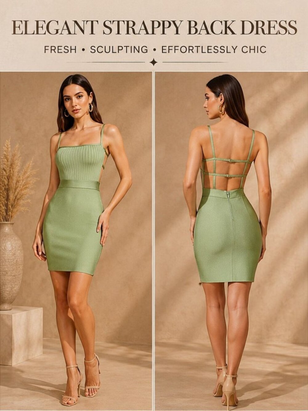 Pistachio Green Strappy Back Bandage Mini Dress Bodycon Cocktail Party Dress - M